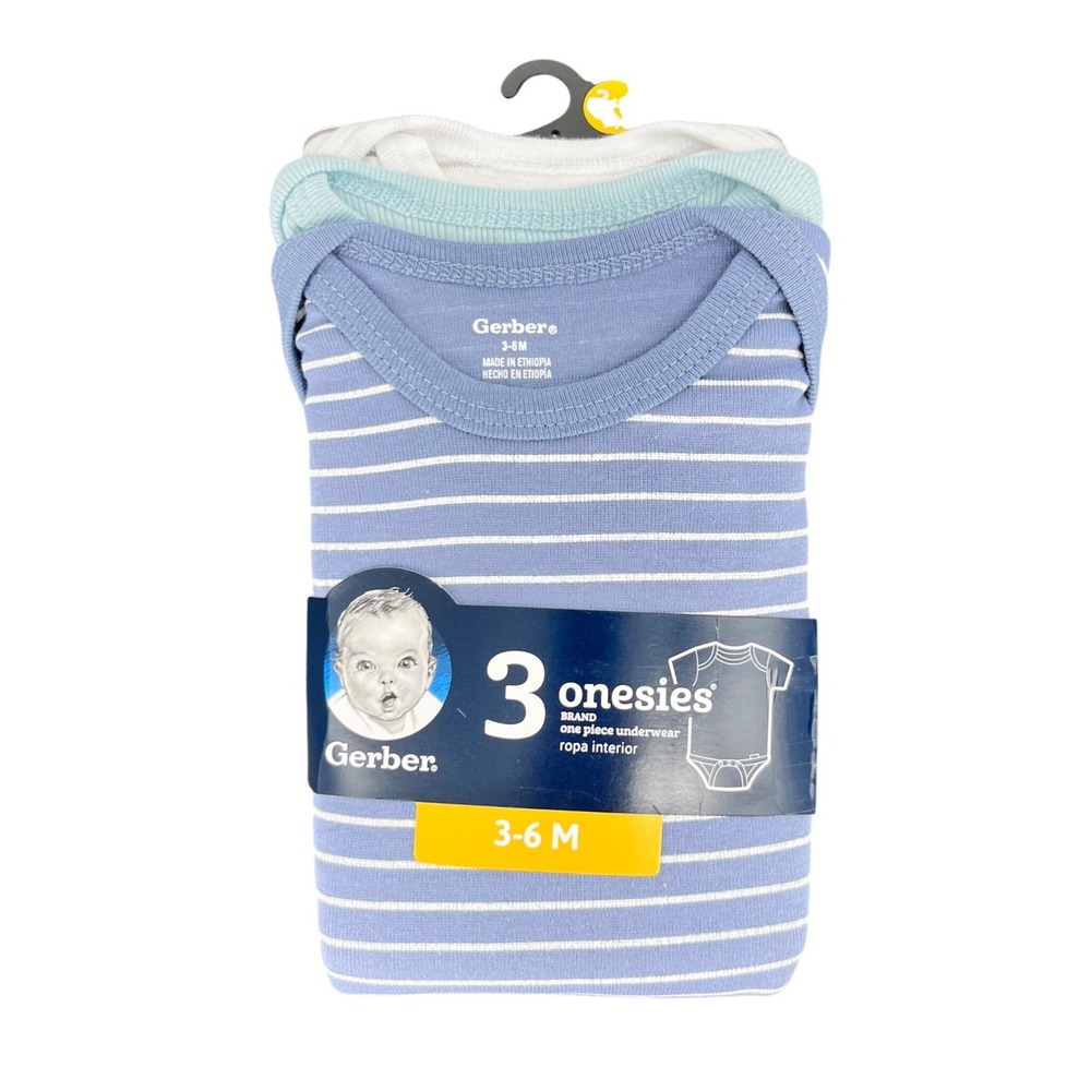 Gerber Onesies Bodysuits Baby Boy 3-6M Blue White 3 Pack Striped Cotton Snaps